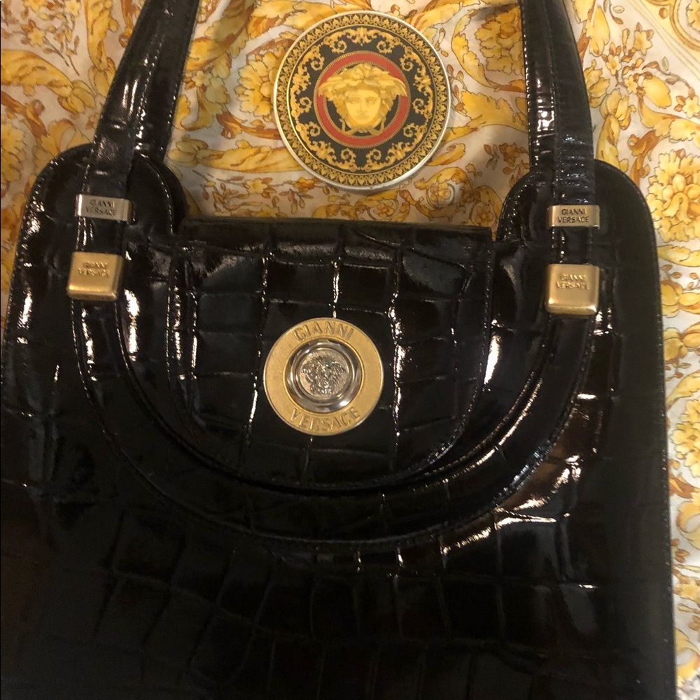 GIANNI VERSACE Vintage Handbag - Black Patent Alligator Leather - Offers Welcome
